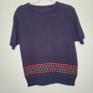 Vintage 90s blue red heart rose flower print knit cute cozy short sleeve sweater